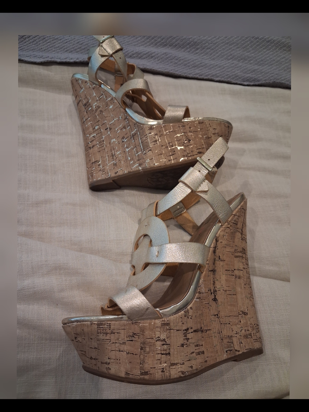 Just Fab Metallic Gold Cork Wedge Sandals - Women Size 8 - Picture 6 of 7